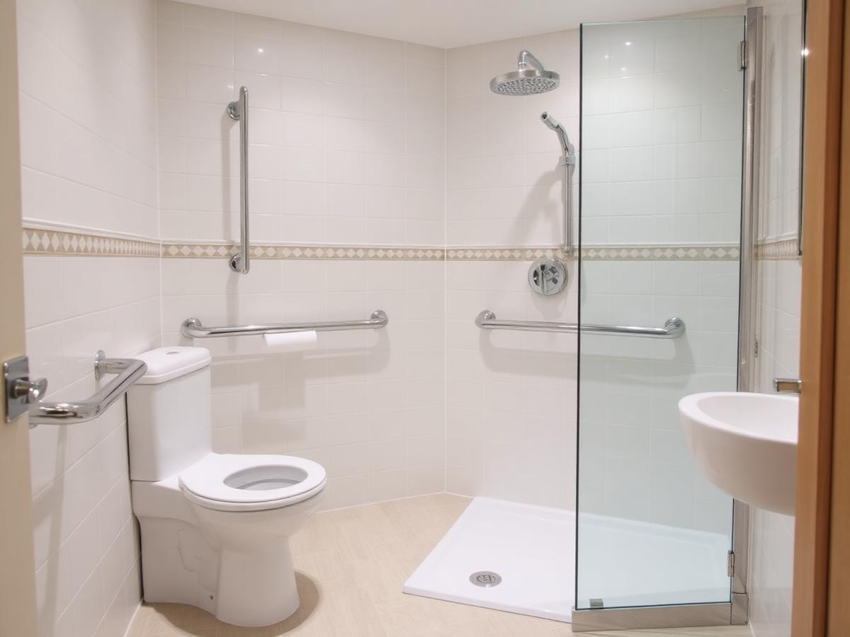 Level access wet floor shower room with grab rails
