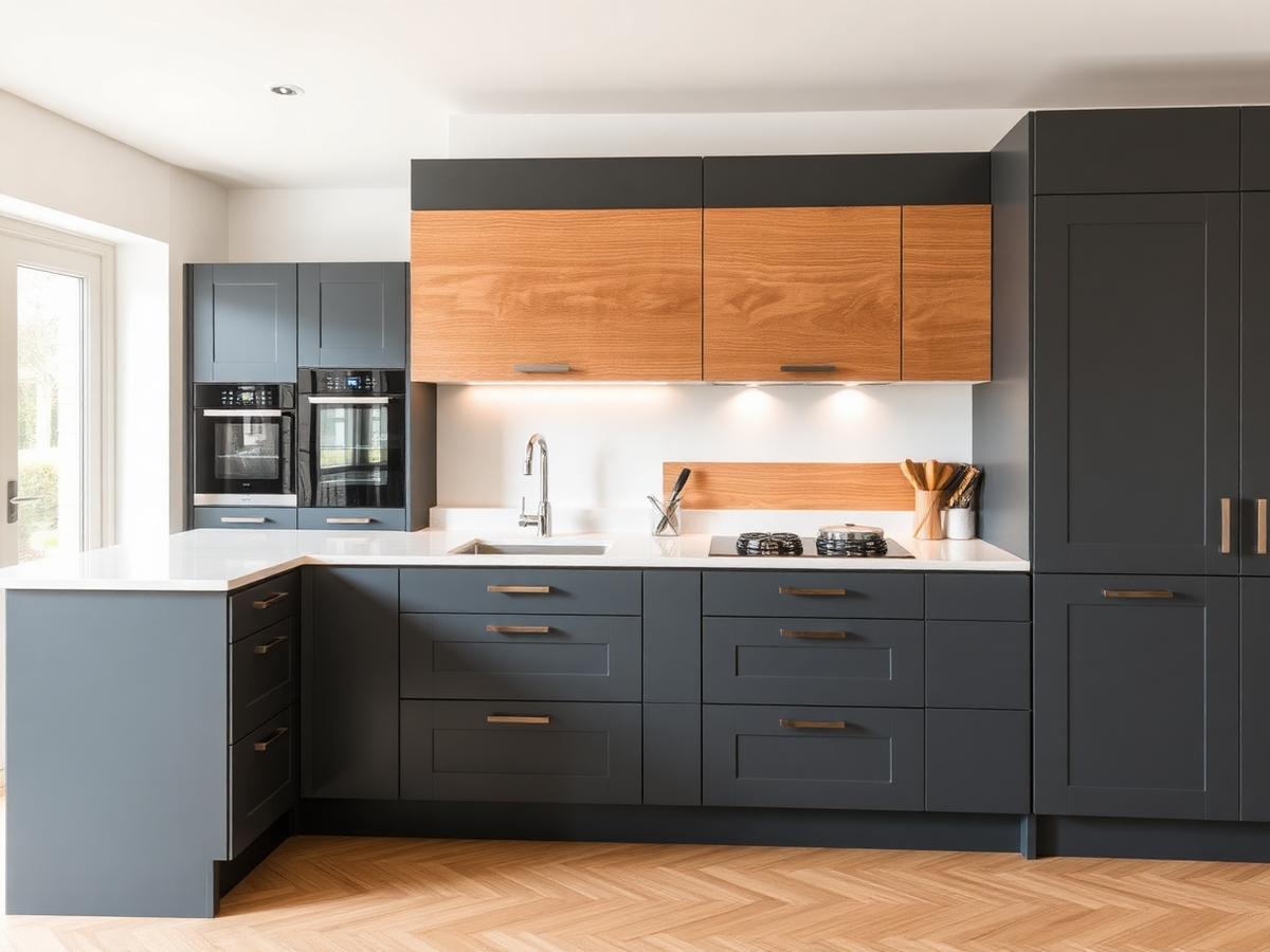 Contemporary fitted kitchen with dark cabinets and oak accents